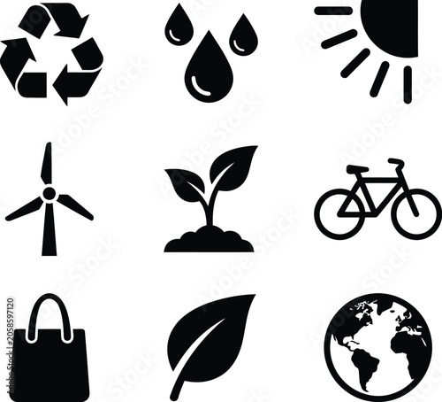 Eco-friendly and sustainability icons including recycling symbol water drops sun wind turbine plant bicycle shopping bag leaf and earth globe for green energy