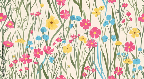 Seamless Wildflower Meadow Pattern - Hand-Drawn Floral Illustration Background for Textiles and Wallpaper