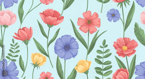 Seamless Wildflower Pattern with Hand-Drawn Pink, Blue, and Yellow Blossoms on Pastel Background