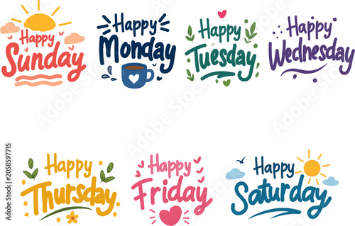 Collection of colorful handwritten day-of-week typography with decorative elements and icons.