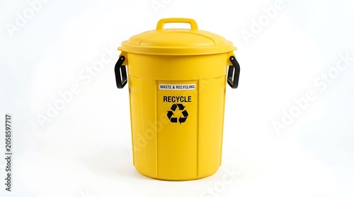 Bright Yellow Recycling Bin Standing on Clean White Background