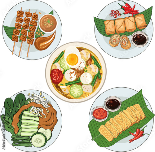 Assortment of Southeast Asian Street Food Dishes with Central Soup