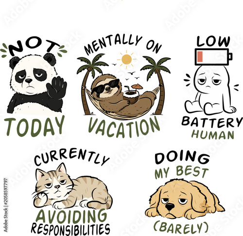Panda Wave and Vacation Sloth with Low Battery Human, Cat Resting, and Dog Resting