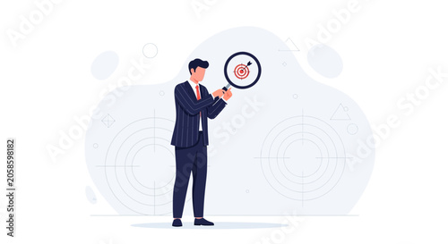 Businessman with Magnifying Glass Inspecting Target Board, Illustrating Business Goals and Strategy