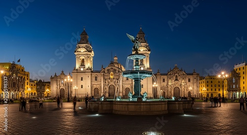 Illuminated Historic Cathedral and Fountain Standing in City Plaza at Twilight