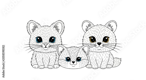 Three Adorable Big-Eyed Animals Coloring Page - Cute Cartoon Kitten and Fox Line Art Illustration for Children's Activity Books