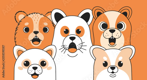 Cute Cartoon Animal Faces Collection with Surprised Expressions, Flat Vector Illustration of Dogs and Hamsters on Orange Background