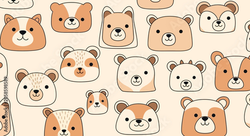 Kawaii Cute Animal Faces Seamless Pattern with Bears, Puppies, and Pandas - Minimalist Flat Vector Illustration for Nursery, Fabric, and Stationery Design