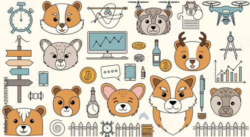 Flat Vector Icon Set Featuring Cute Animal Heads, Business Charts, and Cryptocurrency Elements