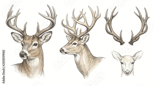 Deer Heads with Antlers Illustration.