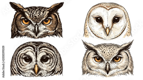 Four Different Species of Owls Portrait.