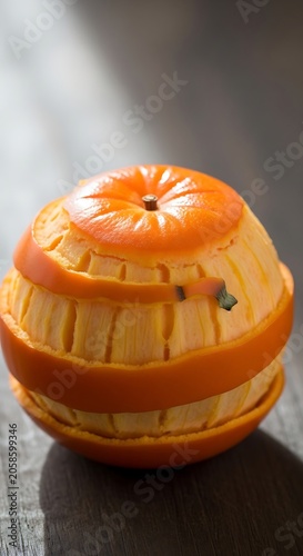 Peeled Orange Fruit with Spiral Rind Resting on Wooden Table