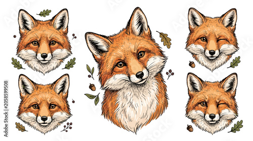 Red Fox Heads with Leaves Illustration.