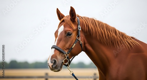 Chestnut Horse Wearing Black Halter Standing in Open Rural Field