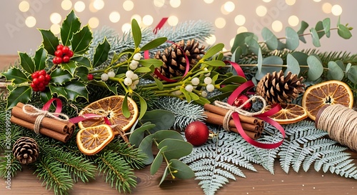 Festive Christmas Evergreen Arrangement with Pine Cone and Dried Orange on Wooden Table