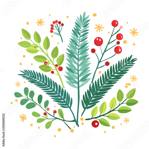 Winter foliage with red berries and snowflakes illustration