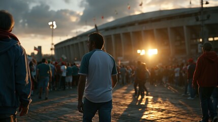 Fans gathering outside modern stadium in Mexico under golden sunlight