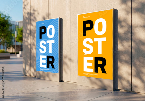 Two blank billboard posters mockup on modern concrete wall with shadows