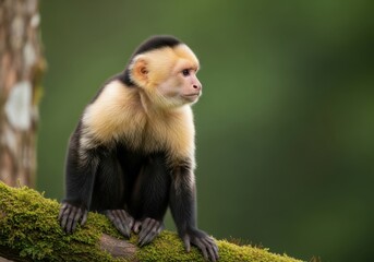 White-faced capuchin monkey perched on mossy branch in natural habitat