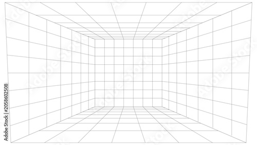 Tableau sur toile Abstract perspective grid in a wireframe room with vanishing point and dotted li
