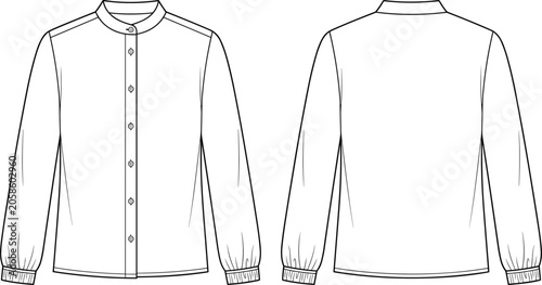 Mandarin Collar Button Up Blouse Technical Fashion Flat Template with Front and Back Views