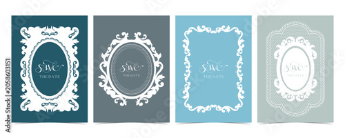 Blue White Lace Wedding Invitation Card Vector Set