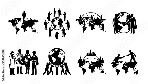 Foto Global Business Connections Vector Icons Set: International Partnership, Teamwor