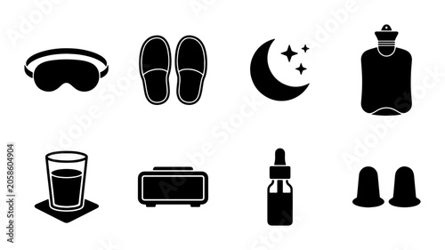 Slika na platnu Sleep Icons Set: Eye Mask, Slippers, Moon, Hot Water Bottle, Water, Alarm Clock,