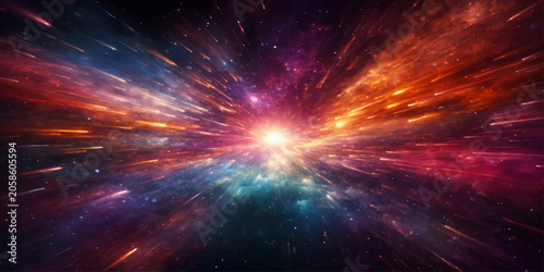 Photos A vibrant cosmic explosion of color and light, this abstract nebula evokes the awe-inspiring grandeur of deep space, with streaks of light suggesting rapid movement and infinite possibility