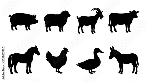 Foto Farm Animal Silhouettes: Pig, Sheep, Goat, Cow, Horse, Chicken, Duck, Donkey Vec