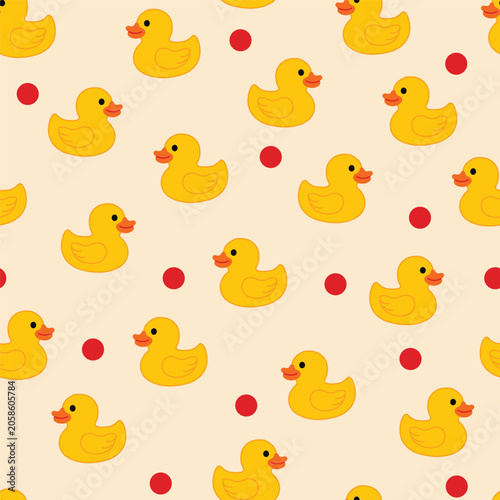 Fotografie Children's seamless pattern with toy yellow ducks and orange circles