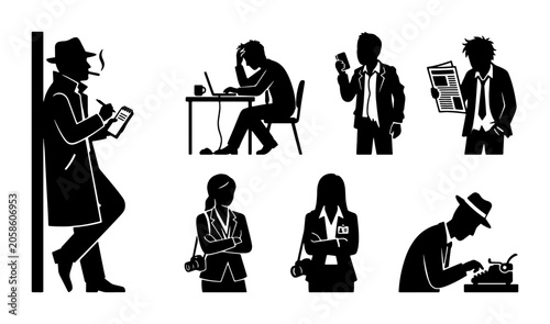 Detective Silhouette Icons, Journalist, Reporter, Investigator, Business People, Vintage Style Vector Set