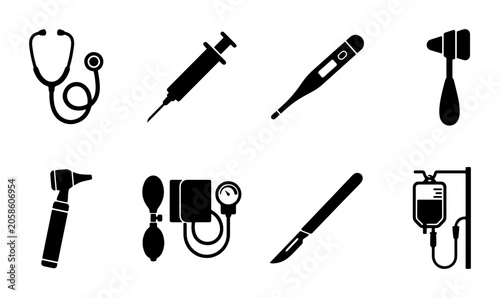 Schilderij op canvas Medical Icons Set: Stethoscope, Syringe, Thermometer, Hammer, Otoscope, Blood Pr