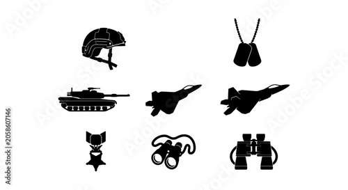 Foto Military Icons Set: Fighter Jets, Tank, Helmet, Dog Tags, Binoculars, Medal