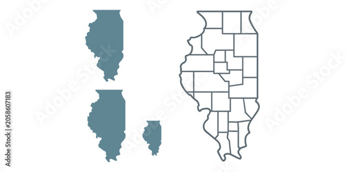 Illinois state map silhouettes and counties outline county map in white background