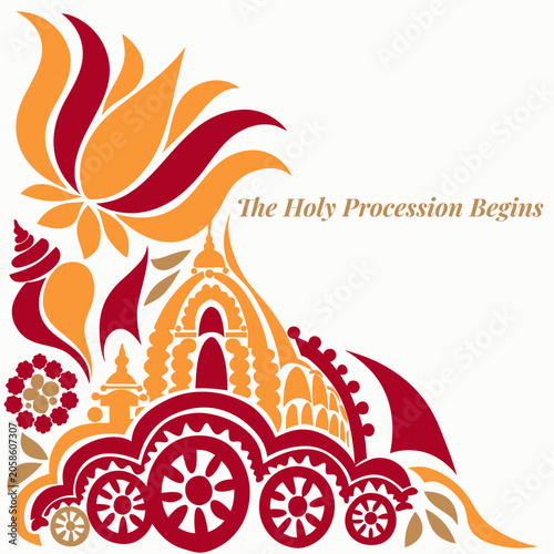 Expressive paper-cutout Rath Yatra with rhythmic lotus, leaping conch shell, dynamic asymmetry for ethnic template