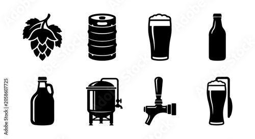 Tableau sur toile Beer Icons Set: Hops, Keg, Glasses, Bottle, Growler, Brewery Tank, Tap