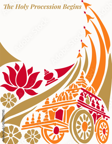 Flat vector Rath Yatra set with ascending chariot, conch shell, ceremonial banner, visual rhythm for July festival promo