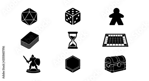 Tabletop Game Icons: Dice, Cards, Board, Hourglass, Chest, Pawn, Warrior, Hexagon