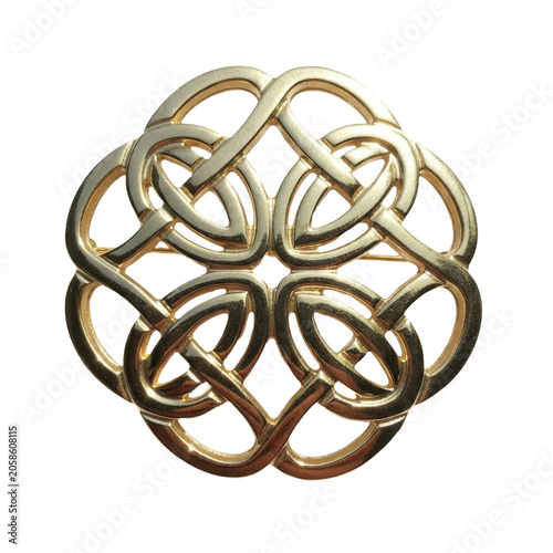 A goldtoned celtic knot brooch featuring an intricate, symmetrical interlaced pattern, isolated on transparent background