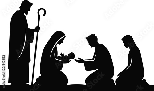 Bild auf Leinwand Nativity scene silhouette with Mary, Joseph and baby Jesus, biblical Christmas s