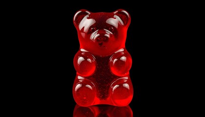 Single red gummy bear candy isolated on a black background close up macro shot of translucent sweet gelatin jelly treat with reflection side view studio lighting copy space commercial food photo