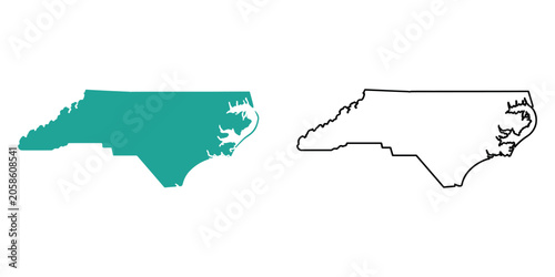 North Carolina state map silhouette solid teal and outline black United States