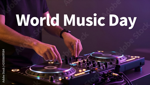 Professional club DJ hands tweaking knobs and mixing tracks on controller turntable with neon glow background