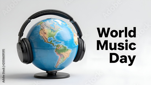 Globe model with black headphones and World Music Day text layout. Global entertainment, international media, and radio concept