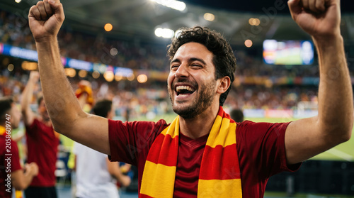Spanish football fan celebrating victory in stadium