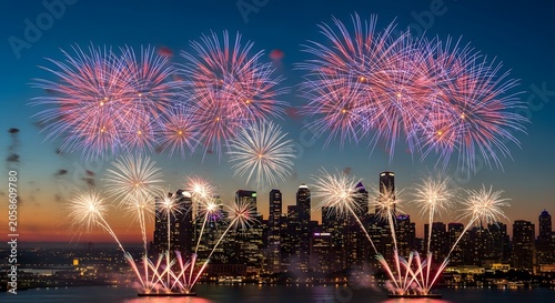 Vibrant fireworks display over city skyline at dusk