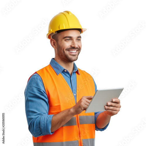 Smiling construction worker in a yellow hard hat and orange safety vest holding a digital tablet isolated on transparent background
