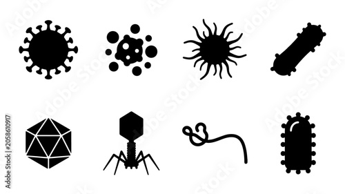 Bild auf Leinwand Microbe Icons Set, Diverse Bacteria and Virus Silhouettes, Microorganism Vector
