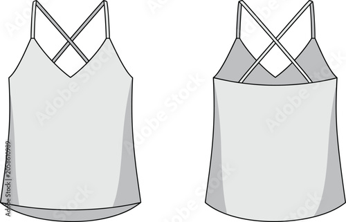 Womens Strappy Camisole Tank Top Technical Fashion Flat Template with Front and Back Views